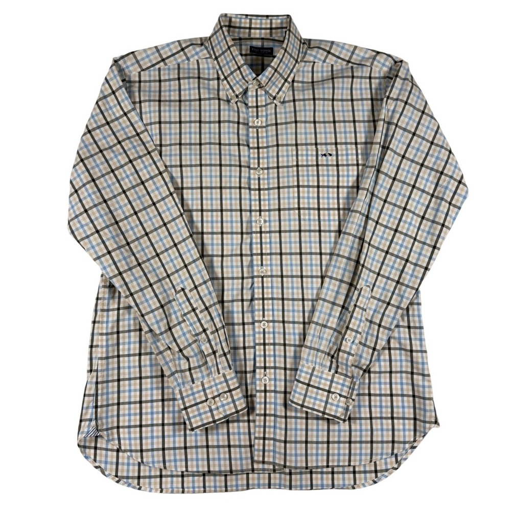 Fish Hippie Tailored Fit Plaid Button Down Shirt Blue Tan Cotton Mens Large